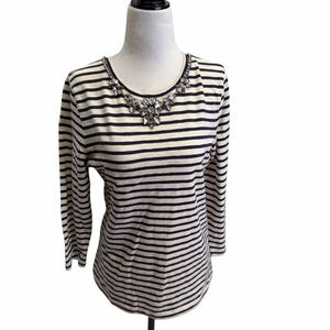 J. Crew Striped Navy & White Jewel Embellished Top Size M